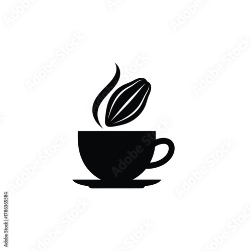 Black silhouette of a coffee cup with steam and cocoa bean