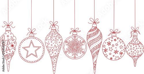 Festive Holiday Ornaments A Collection of Intricate Christmas Decorations in Detailed Red Line Art