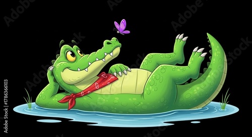 Funny cartoon alligator wearing a red bandana relaxes in water with a butterfly flying nearby