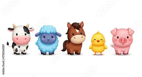 Cute cartoon farm animals including a cow, sheep, horse, chick, and pig isolated on white background