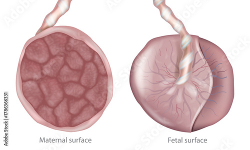 Detailed medical illustration showing the human placenta with maternal and fetal surfaces. The image includes the umbilical cord attachment and vascular