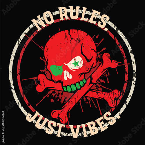 No Rules Just Vibes Skull and Crossbones Tattoo Graphic Print Dark Humor Sarcastic Badass Grunge Bold Design Skull Art