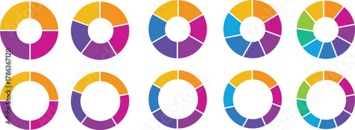 Set of colorful pie charts. Colorful pie charts with varying segments. Circle section graph. Pie chart set. Pie charts diagrams. Different color circles. donut and pie chart infographic elements set