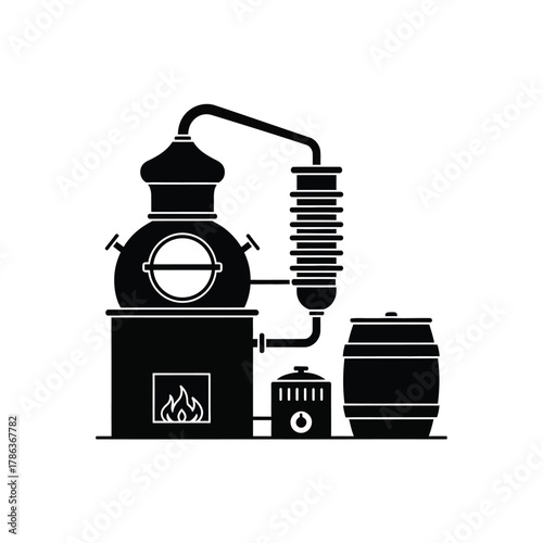 Black silhouette of a distillation apparatus and barrel