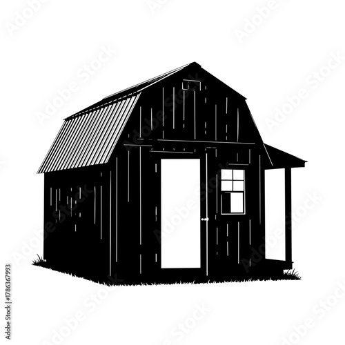 Rustic black wooden shed with a sloped roof and open door  