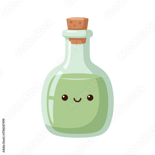 Cute green potion bottle with a smiling face and cork lid  