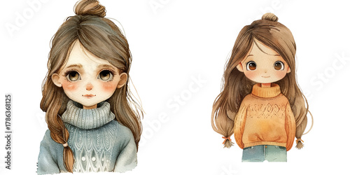 cute girl wearing sweater watercolor vector illustration