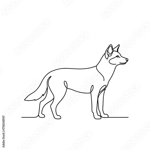 Simple line drawing of a standing dog in profile view  