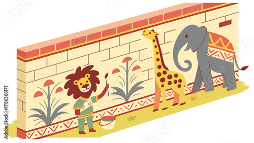 3D Zoo Animals Painting Together on Colorful Brick Wall Vector Art