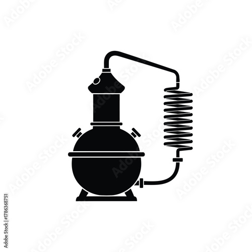 Black silhouette of a distillation apparatus on white
