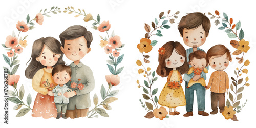 family with flowers wreath watercolor vector illustration