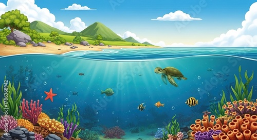 Fototapeta Naklejka Na Ścianę i Meble -  Underwater coral reef with sea turtle, fish, starfish and tropical island landscape