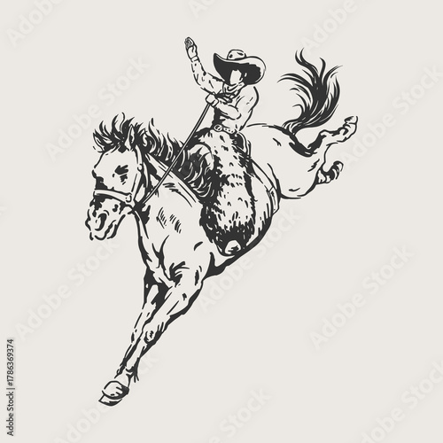 Cowboy Bucking Horse Hand Drawing Western Art