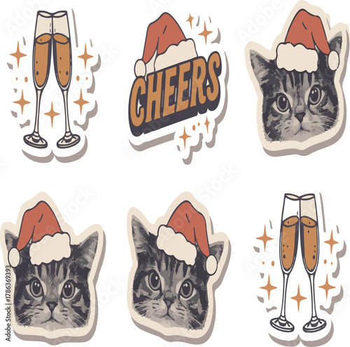 Set of six festive holiday stickers featuring adorable cats in Santa hats, champagne flutes, and a 'Cheers' text for celebration.