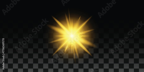 Bright gold laser light beams create a glowing starburst effect against a dark background, Glow light effect, Starburst with sparkles, Golden glowing lights effects