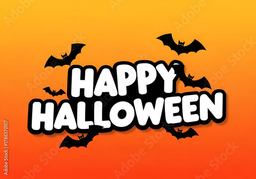 Happy halloween text with flying bats on orange gradient background