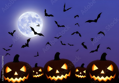 Spooky halloween night with jack o lanterns and bats flying under a full moon