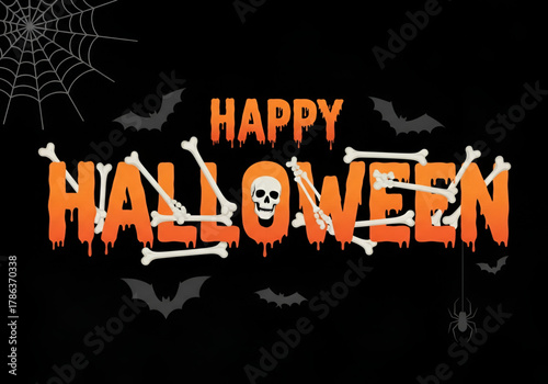 Happy halloween dripping orange text with bones and skull