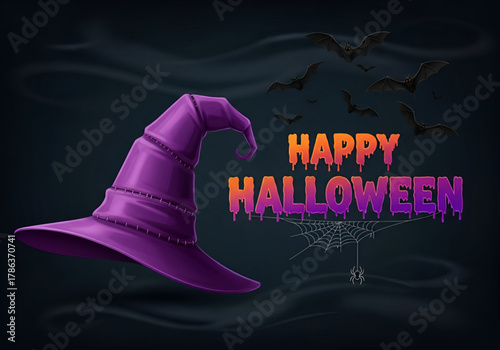 Happy halloween greeting with purple witch hat and flying bats