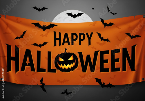 Happy halloween banner with spooky pumpkin and flying bats