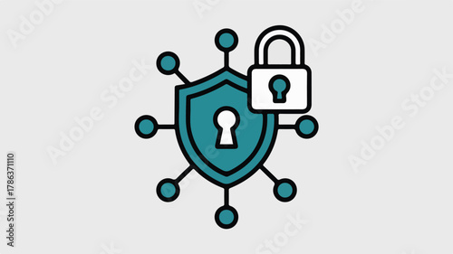 Teal shield with lock and network nodes security