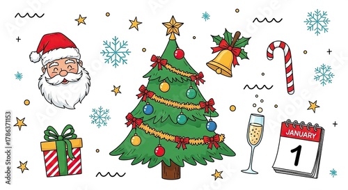 Christmas tree with ornaments, santa claus, gift, candy cane, champagne and calendar