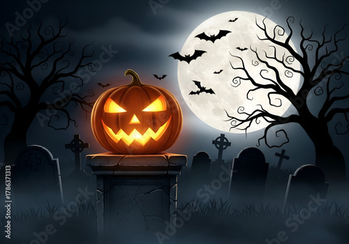 Spooky jack o lantern in a graveyard under a full moon