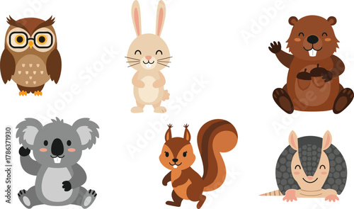 Cartoon forest animals, cute wildlife characters, waving animal icons, educational mascot set, standing poses, flat vector illustration