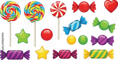Colorful candy and lollipop collection, sweet confectionery treats in bright cartoon style, assorted sugar sweets for children, flat vector illustration