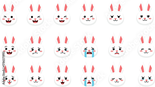 Cute bunny face emoji expressions set, adorable rabbit characters with various emotions in kawaii cartoon style, flat vector illustration