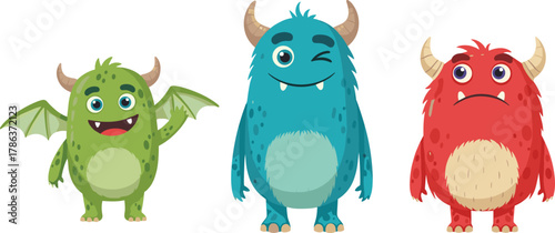 Cute colorful cartoon monster characters with wings horns and expressions, friendly fantasy creatures for kids design sticker print and decoration