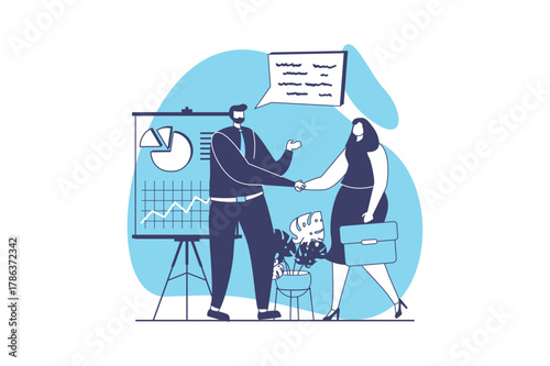 Business meeting web concept with flat people for website design. Businessman and businesswoman handshake, negotiation and contract discussion, investing in company development. Vector illustration.