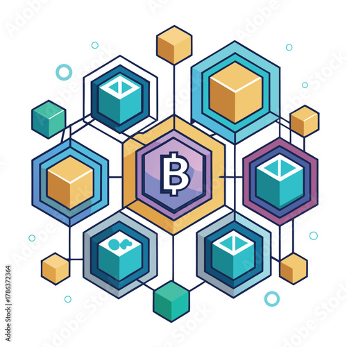 Blockchain Technology and Cryptocurrency Concept with Hexagonal Network, Bitcoin, and Digital Assets