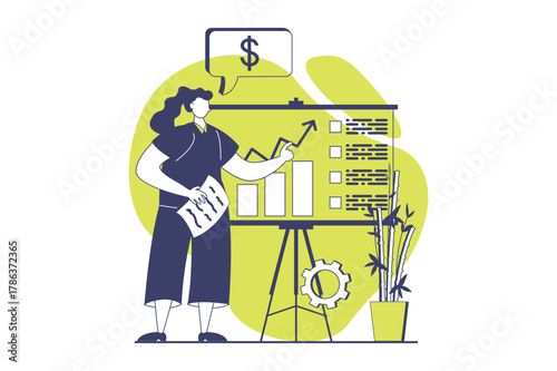 Business process web concept with flat people for website design. Businesswoman analyzing company data at growth charts, creating success strategy, brainstorming innovations. Vector illustration.