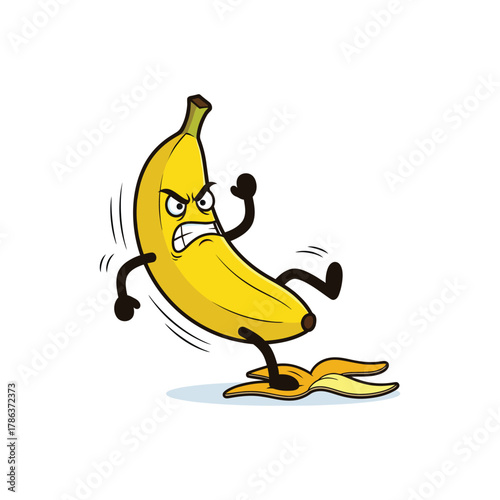 Angry cartoon banana slipping on its peel, humorous mishap isolated on white background, Vector