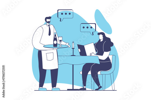 Cooking and restaurant web concept with flat people for website design. Waiter serving food to customers, holding wine bottle for visitor, woman sits table in cafe, making order. Vector illustration.