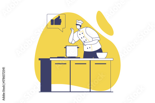 Cooking and restaurant web concept with flat people for website design. Professional chef in hat and uniform preparing dishes at kitchen, working at stove, staff making dinner. Vector illustration.
