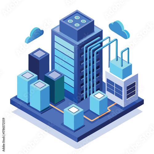 Isometric Data Center and Cloud Computing Infrastructure with Server Towers and Network Connections