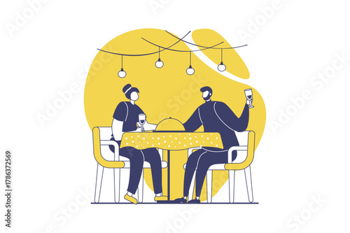 Cooking and restaurant web concept with flat people for website design. Woman and man sit table in cafe and drinking wine, couple at dating in cafeteria having romantic dinner. Vector illustration.