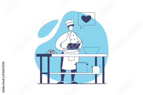 Cooking and restaurant web concept with flat people for website design. Professional chef in hat and uniform preparing chicken dish at kitchen, cooker making dinner with meat. Vector illustration.