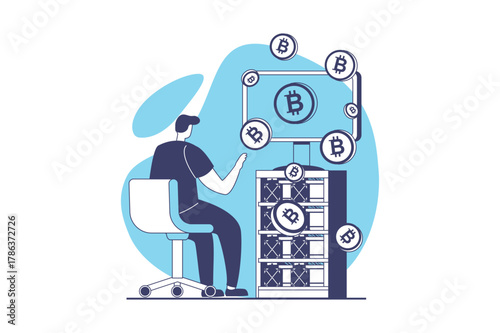 Cryptocurrency mining web concept with flat people for website design. Man working at crypto farm, making digital money and extracting coins for trading at virtual stocks. Vector illustration.