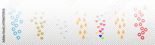 Like icons flying up for live streams. Emoticons. Social media reactions Smile fire poop Funny faces Emoji. Vector