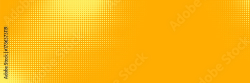 Yellow halftone pattern. Retro comic gradient background. Bright orange pixelated dotted texture overlay. Cartoon pop art faded gradient pattern. Vector backdrop for poster, banner. Modern