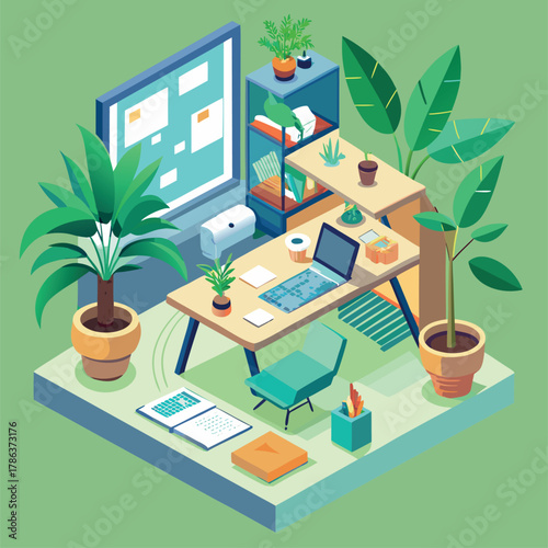 Biophilic Isometric Home Office Illustration with Plants, Desk, Laptop, and Project Board