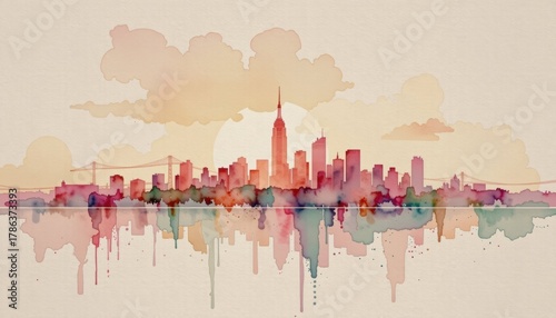 A serene watercolor painting of the new york city skyline at sunset urban landscape art environment