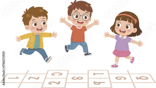 Children playing hopscotch, outdoor fun, joyful expressions, numbered grid, active movement, casual clothes, childhood game, schoolyard activity, energetic kids, smiling faces
