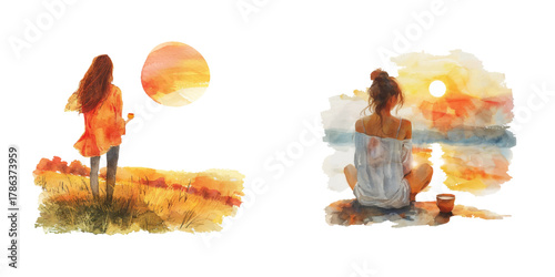 woman enjoying a sunset watercolor vector illustration