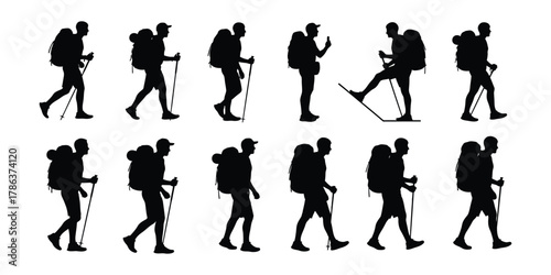 Collection of silhouettes of hikers with backpacks and trekking poles in various poses