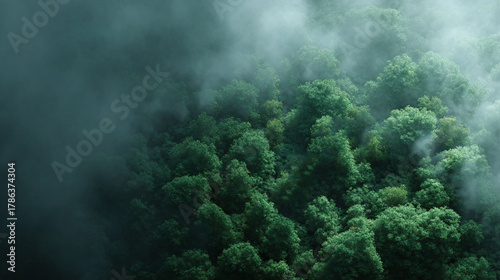 Misty forest canopy, aerial view. Dense green treetops shrouded in fog evoke mystery, nature, and environmental awareness. Perfect for backgrounds, concepts  design.