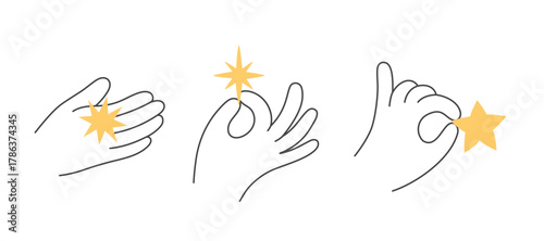 Set of outline hands holding stars. Doodle style. Achievement, awarding, winner concept